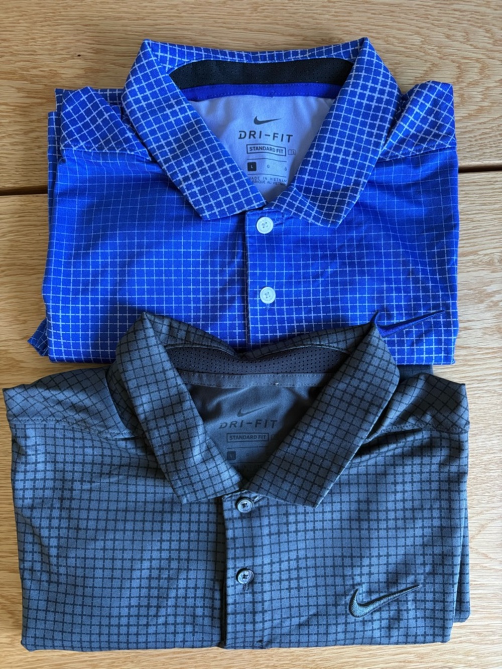 Lot of 2 Nike Dri-Fit Golf Polo Shirts Mens L Large Blue Grey Plaid Check S/S